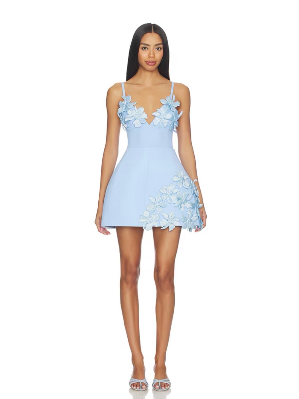 Bronx and Banco Powder Blue Floral Appliqué Mini Dress